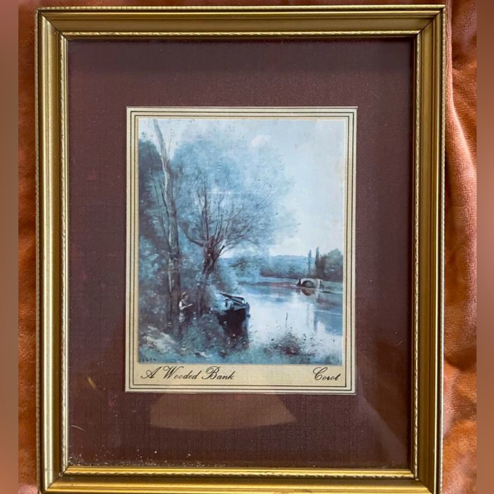 Vintage 6x6 Framed/Matted “The reader by the wooded bank” by Jean B.C. Corot
